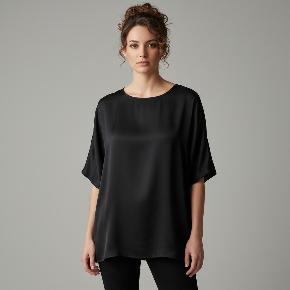 J.Crew Black Short Sleeve Satin Top Extra Large Zip Back Gold Exposed Zipper